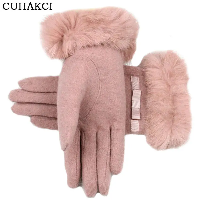 Women Wrist Warm Woolen Mittens Female Luvas Genuine Rabbit Fur Gloves Cashmere Winter Girls Elegant Glove For Lady Bowknot 1
