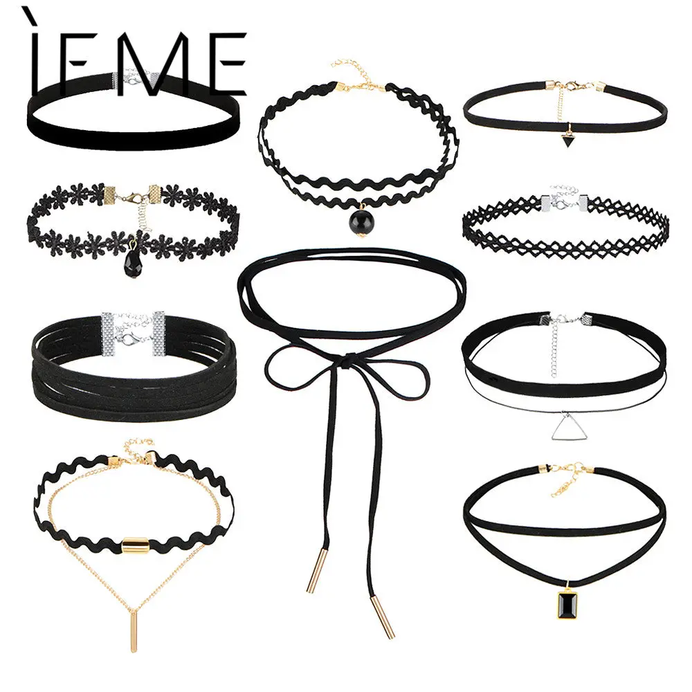If Me New Fashion 10Pcs/Set Black Gothic Choker Necklaces Set For Women Sexy Lace Flower Pu Leather Chokers Collar Jewelry Girl 1