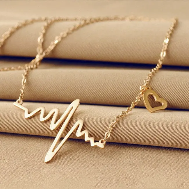 Hot Simple Wave Heart Necklace Chic Ecg Heartbeat Gold Colour Pendant Charm Lightning Chocker Necklace For Women Vintage Jewelry 1