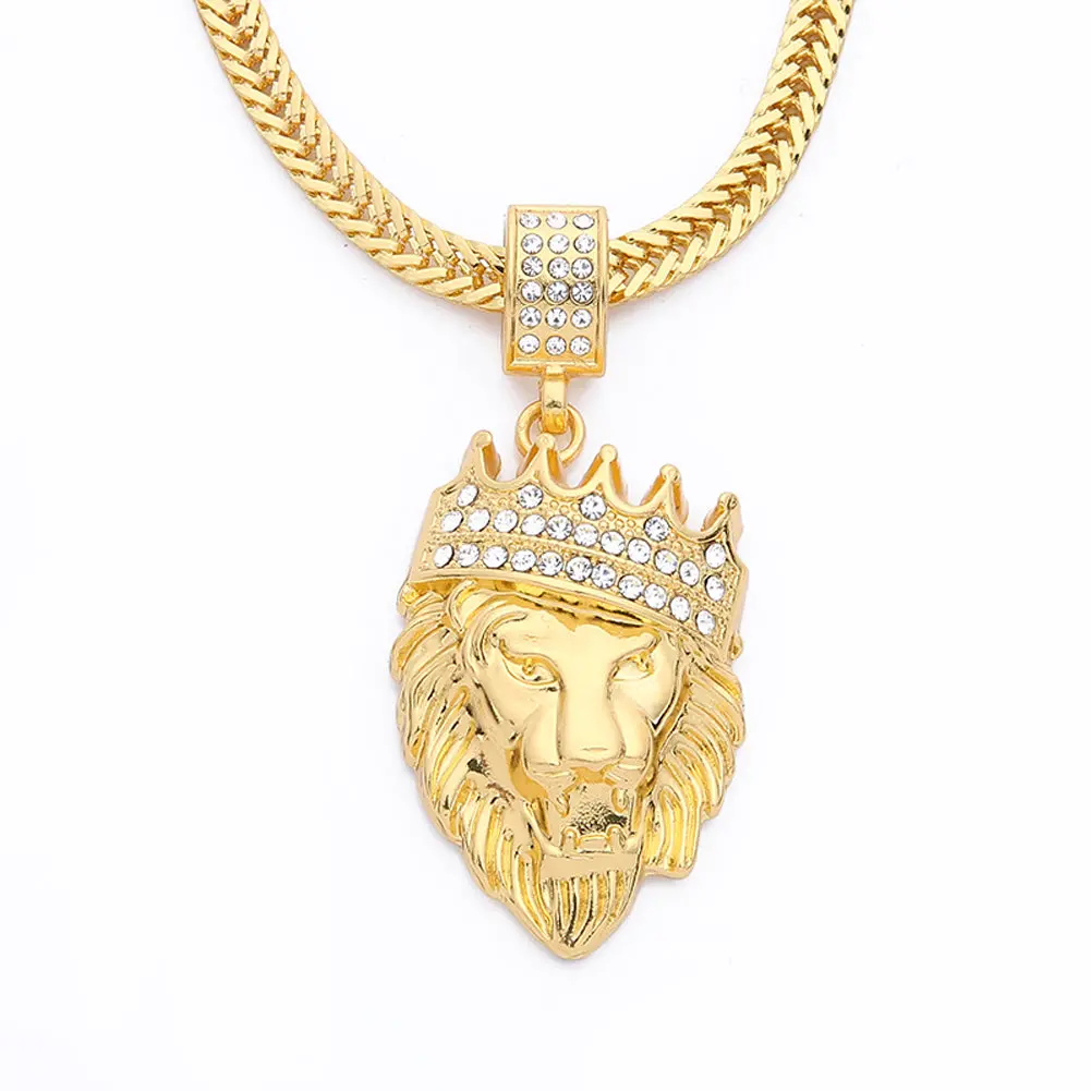 New Color Gold Color Alloy 78Cm Chain Men Lion Head Pendant Inlay Rhinestone Necklace Hiphop Lion King Crown Franco Chain 1