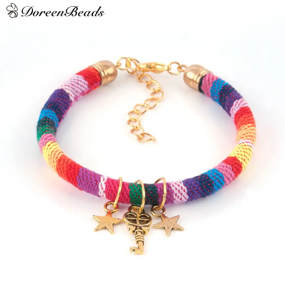 Doreenbeads Boho Chic Bracelets Cotton Cord Dull Antique Gold Color Multicolor Heart Pentagram Star Key 18Cm Long, 1 Pc 1