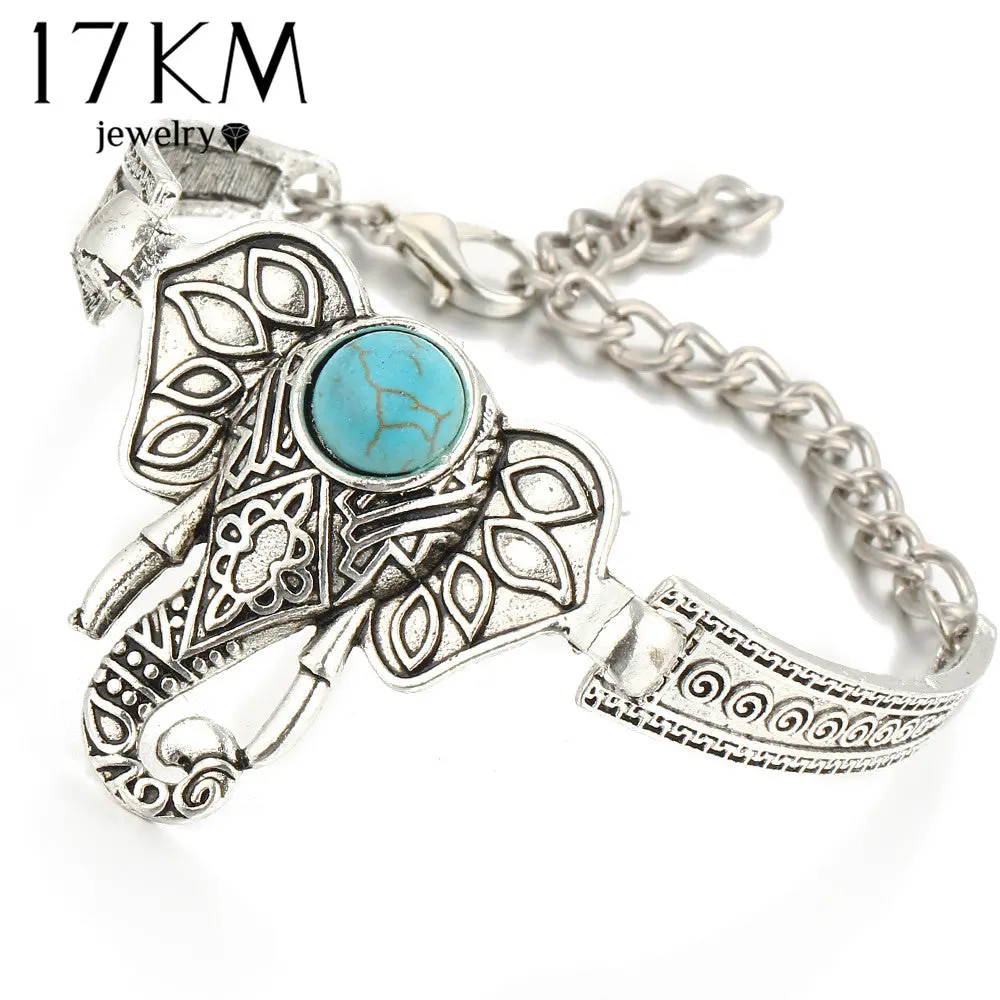 17Km Silver Color Bracelet Owl Elephant Women Bohemian Blue Stone Charm Bracelets Bangles Boho Jewelry Crystal Pulseras 1