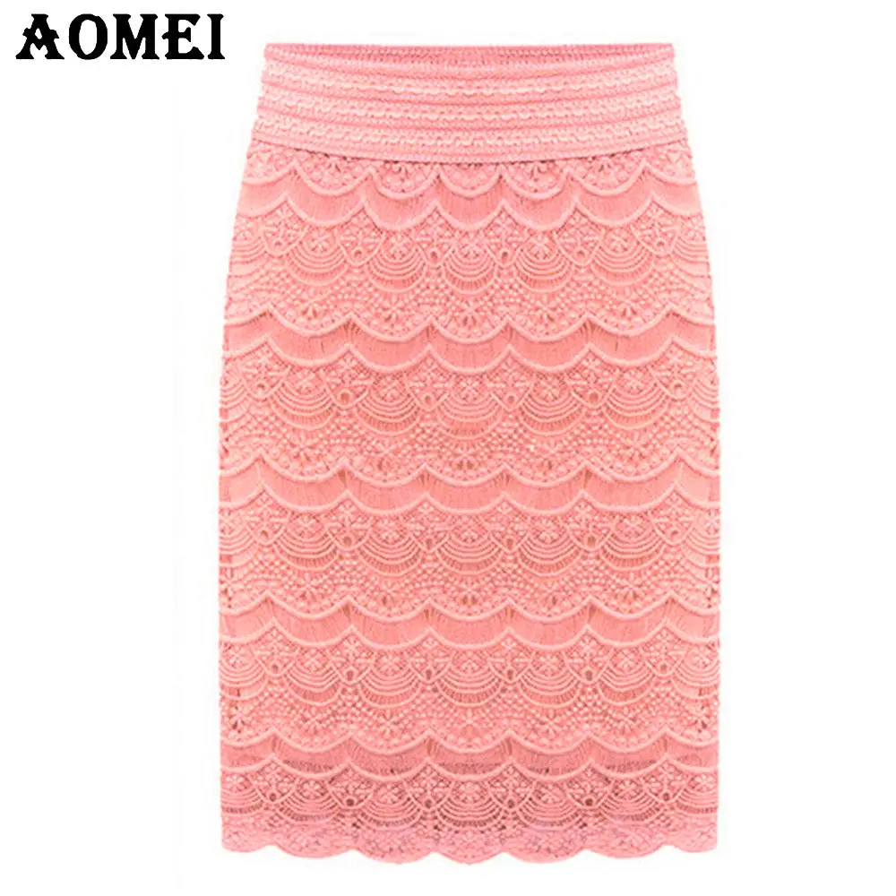 5Xl  Xxl Women Lace High Waist Skirts Beige Knee Length Brief Office Ladies Faldas Praia Bottoms Grunge Skort 2018 Spring Summer 1
