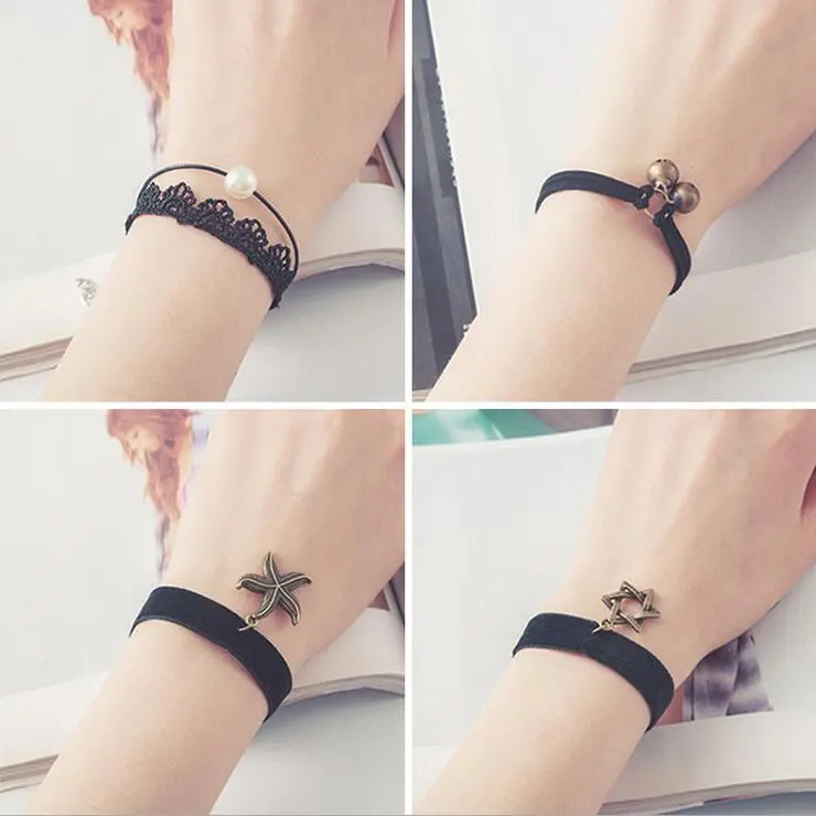 Free Shipping Wholessale Vintage Imitation Pearl Sun Black Lace Cute Bracelets & Bangles Handmade Accessories Jewelry Bracelets 1