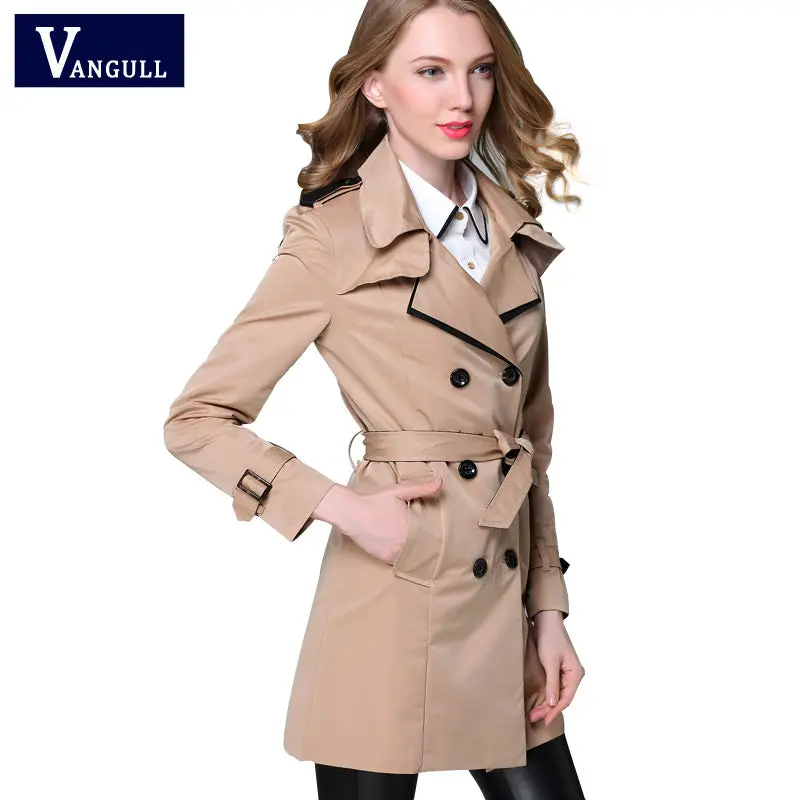 Vangull 2017 New Fashion Designer Brand Classic European Trench Coat Khaki Black Double Breasted Women Pea Coat Real Photos 1