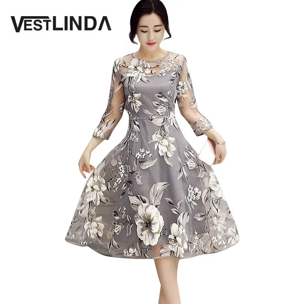 Vestlinda Retro Vintage Dresses 50S 60S Rockabilly O Neck 3/4 Sleeve A-Line Floral Print Midi Party Dress Summer Women Vestidos 1