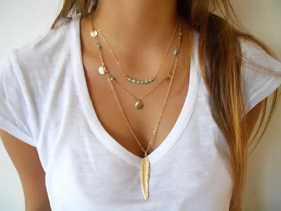 2017 New Fashion Boho Women's Simple Chain Multilayer Necklace Feather Pendant Sequins Tassel Necklace 2