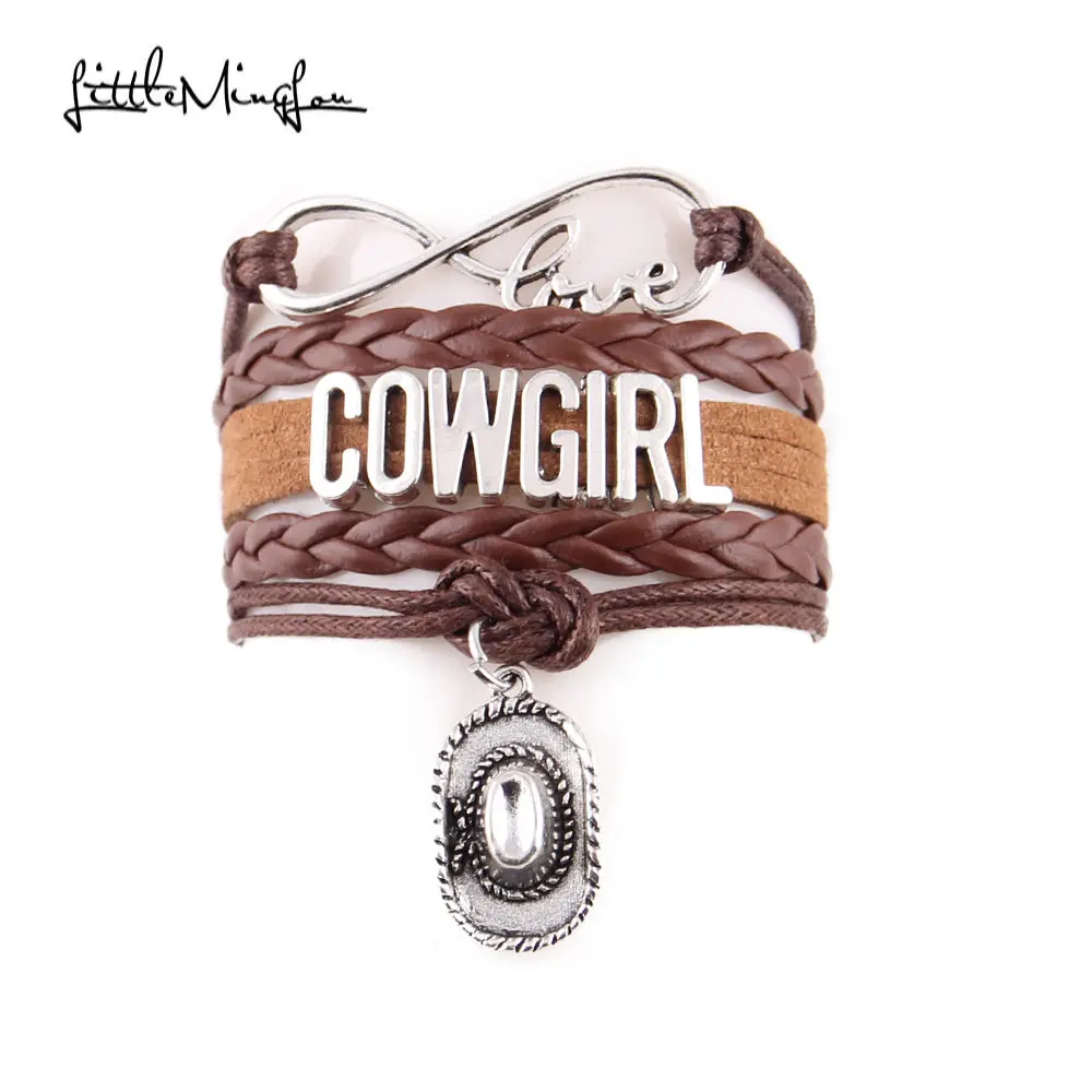 Little Minglou Infinity Love Cowgirl Bracelet Cowboy Hat Charm Leather Braid Wrap Bracelets & Bangles For Women Jewelry 1