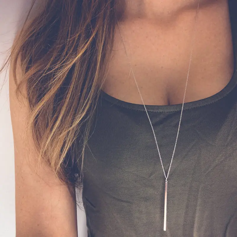 Simple Classic Fashion Stick Pendant Necklace Hollow Girl Long Link Chain Square Copper Necklaces Long Strip Jewelry For Women 1