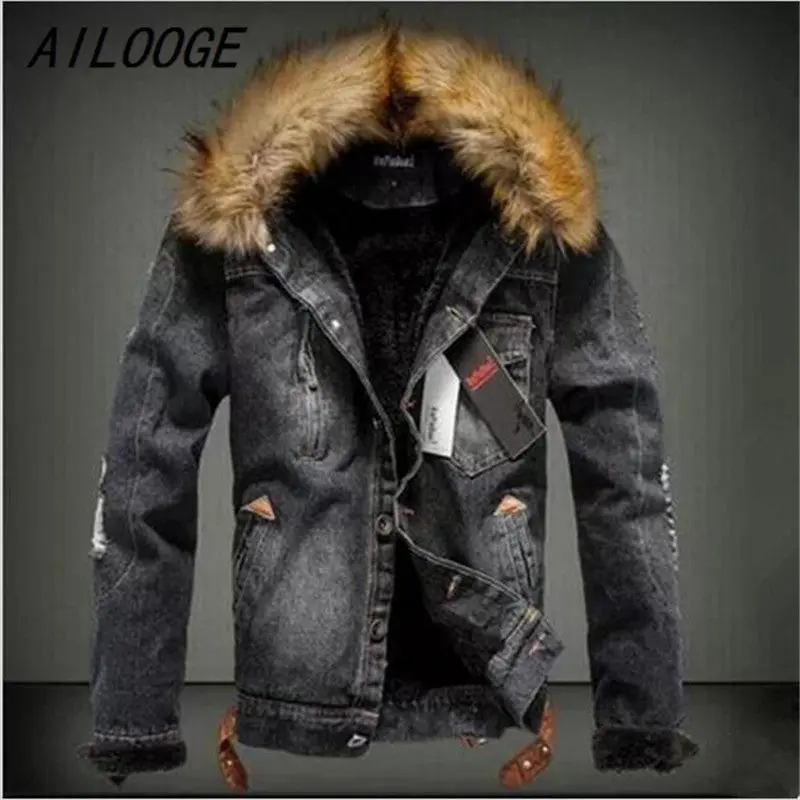 Ailooge New Winter Fashion Men Woolen Denim Jacket With Fur Collar Oversize Casual Jeans Jacket Plus Size Velvet Outwear Coat 1