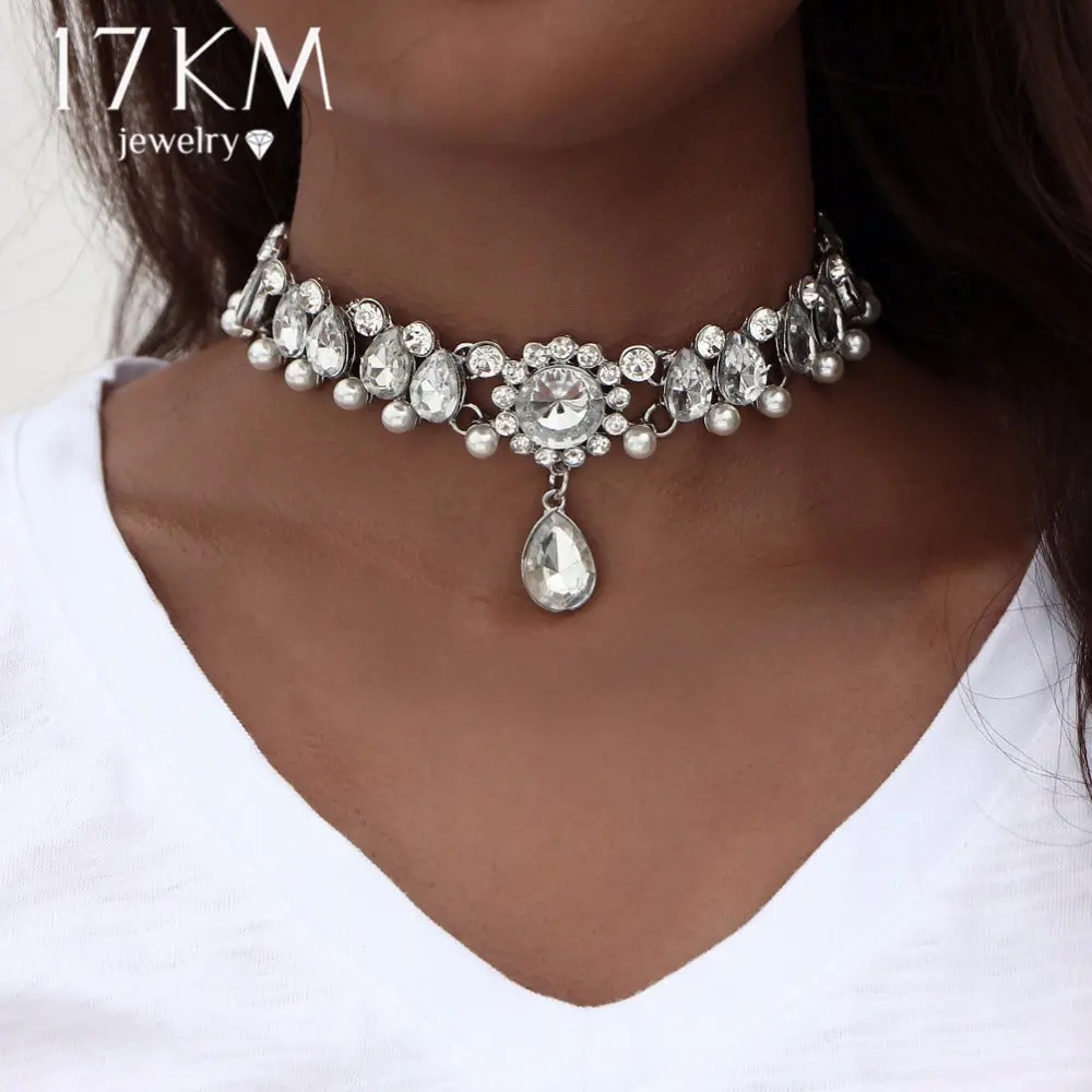 17Km Boho Collar Choker Water Drop Crystal Beads Choker Necklace &Pendant Vintage Simulated Pearl Statement Beads Maxi Jewelry 1