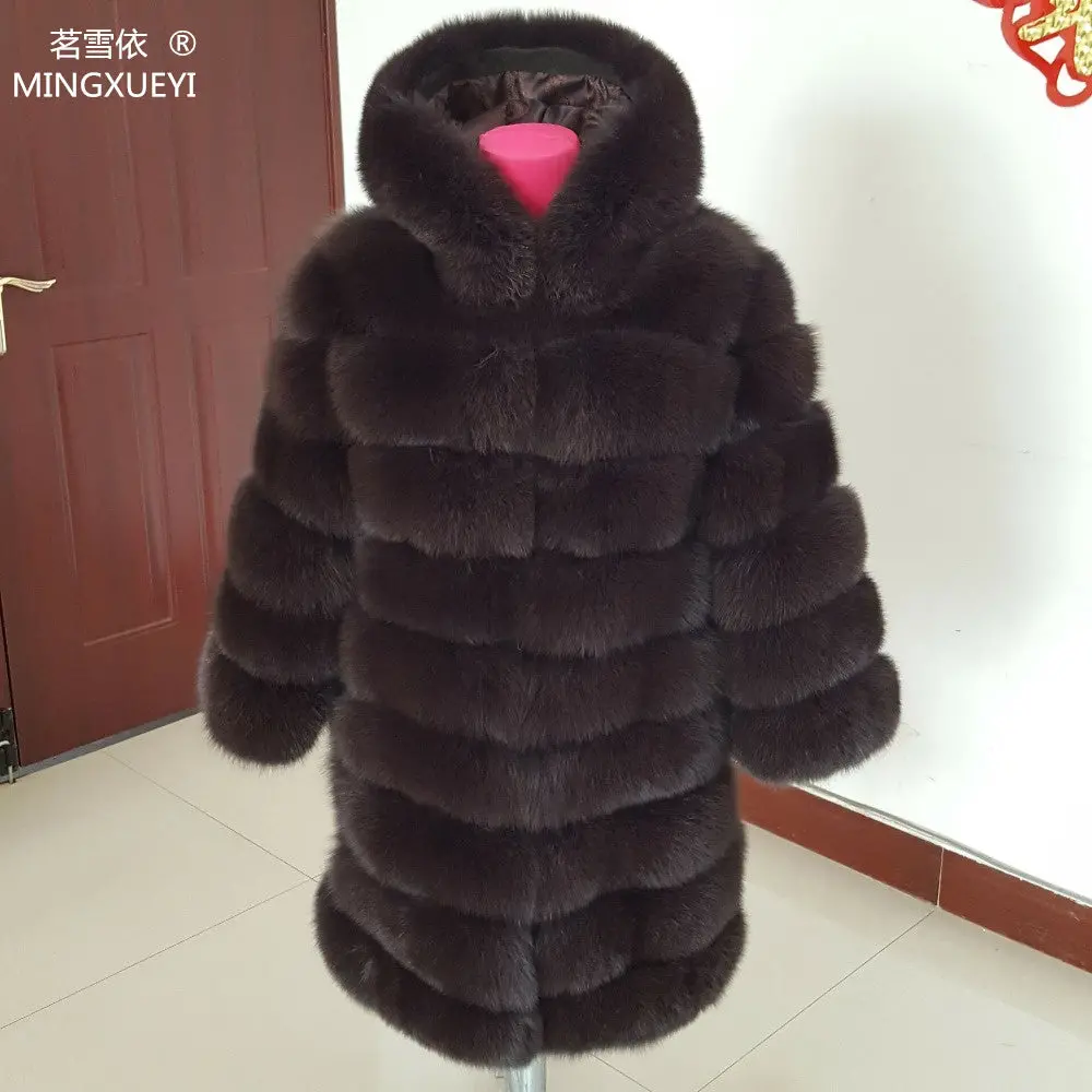 90Cm Real Fox Fur Coat Women's Long Blue Coats Fox Fur Coat Jacket Hood 1