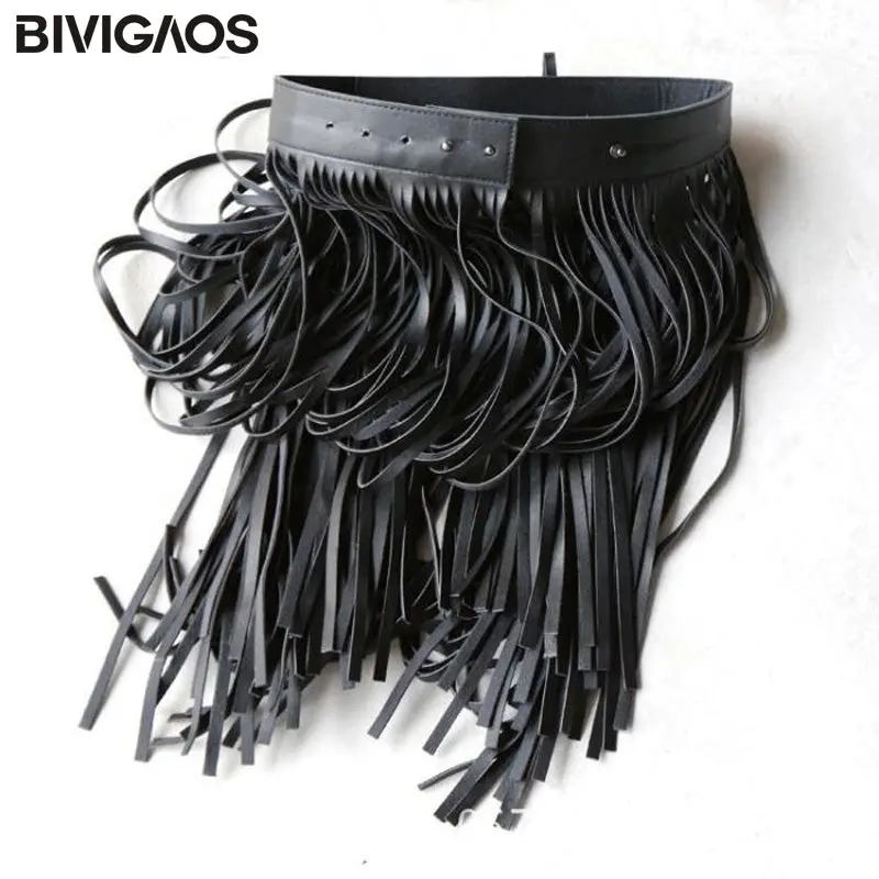 Bivigaos Womens Pu Leather Girdle Long Skirt Tassel Belt Skirts Female Wild Gypsy Style Skirts Adjustable Faldas Largas Saias 1
