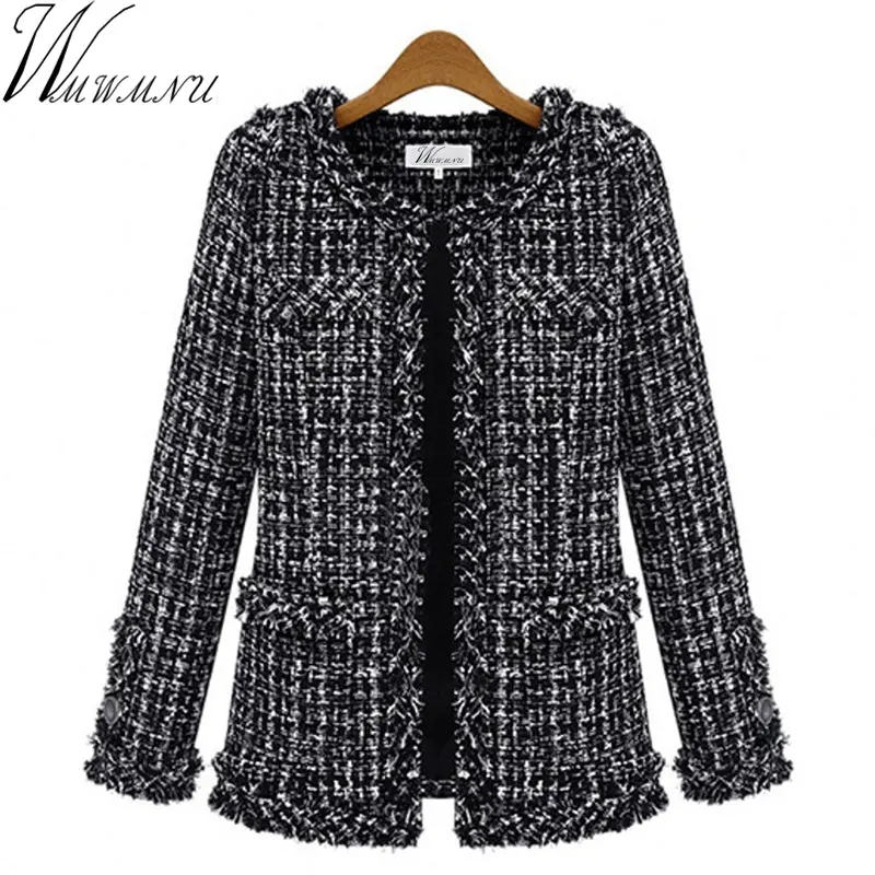 Wmwmnu Autumn Winter Women Jacket Slim Thin Checkered Tweed Coat Large Size Casual O-Neck Plaid Jacket With Pocket Outwear Ls462 1