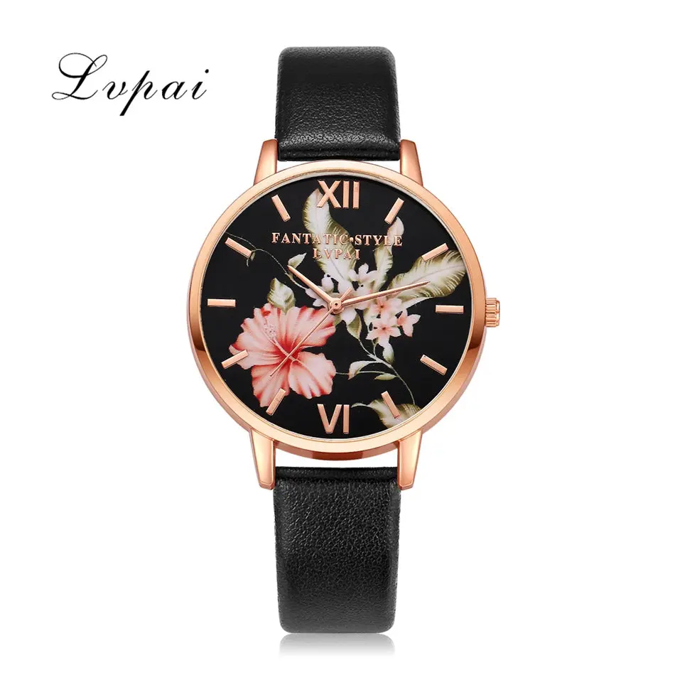 Lvpai Brand Women Bracelet Watch Fashion Rose Gold Flowers Leather Simple Women Dress Watches Luxury Business Gift Clock Watch 1