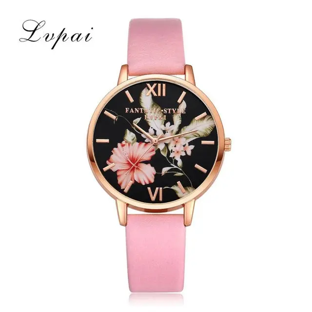 Lvpai Brand Women Bracelet Watch Fashion Rose Gold Flowers Leather Simple Women Dress Watches Luxury Business Gift Clock Watch 18