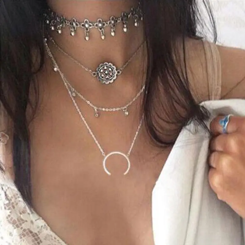 Retro Flower Tibetan Silver Layered Chokers Necklace Women 2017 Popular Necklaces Boho Statement Necklace Bijouterie 1