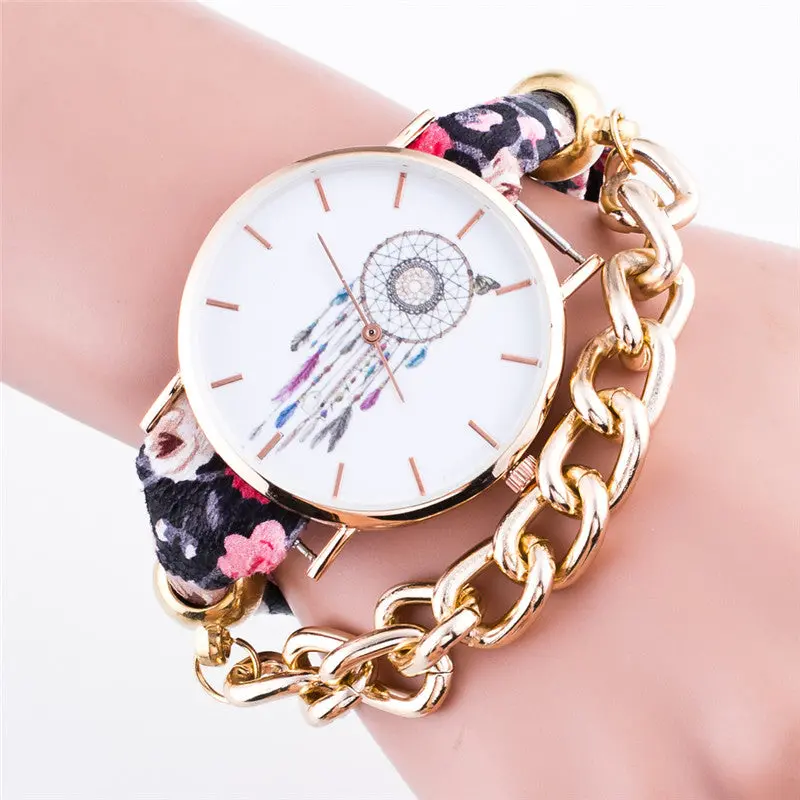 Funique Boho New Women Wrist Watches Flower Dreamcatcher Dream Catcher Watch Leather Gold Chains Ladies Bracelet Watch 1