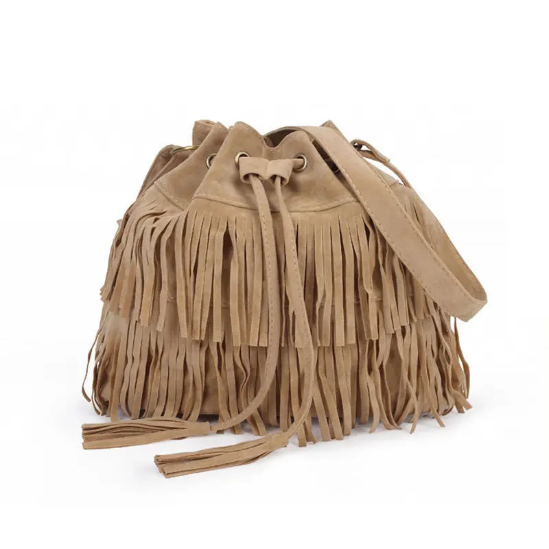Suede Drawstring Bucket Bag Women Handbag Faux Fringe Tassel Shoulder Crossbody Messenger Bag Boho Style 1