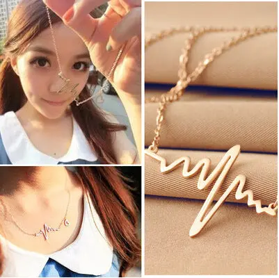Hot Simple Wave Heart Necklace Chic Ecg Heartbeat Gold Colour Pendant Charm Lightning Chocker Necklace For Women Vintage Jewelry 1