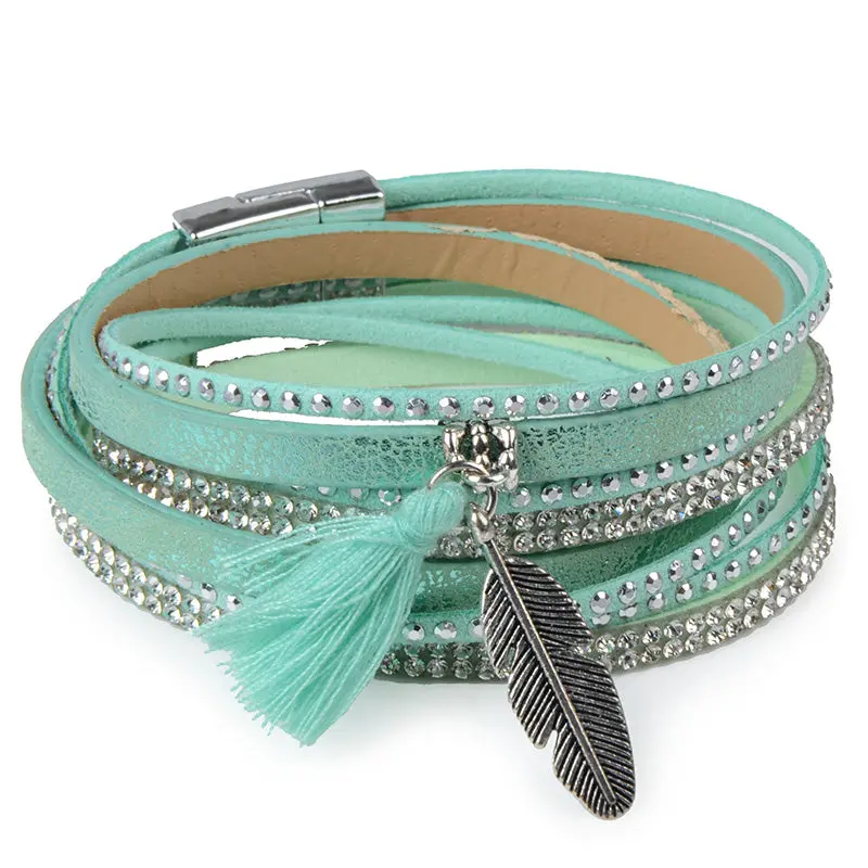 13Styles Candy Wide Crystal Leather Velvet Boho Bracelet Magnetic Buckle Bohemian Tassel Bracelet For Women Men Boho Jewelry 1