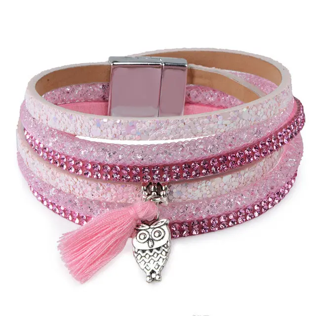 13Styles Candy Wide Crystal Leather Velvet Boho Bracelet Magnetic Buckle Bohemian Tassel Bracelet For Women Men Boho Jewelry 9
