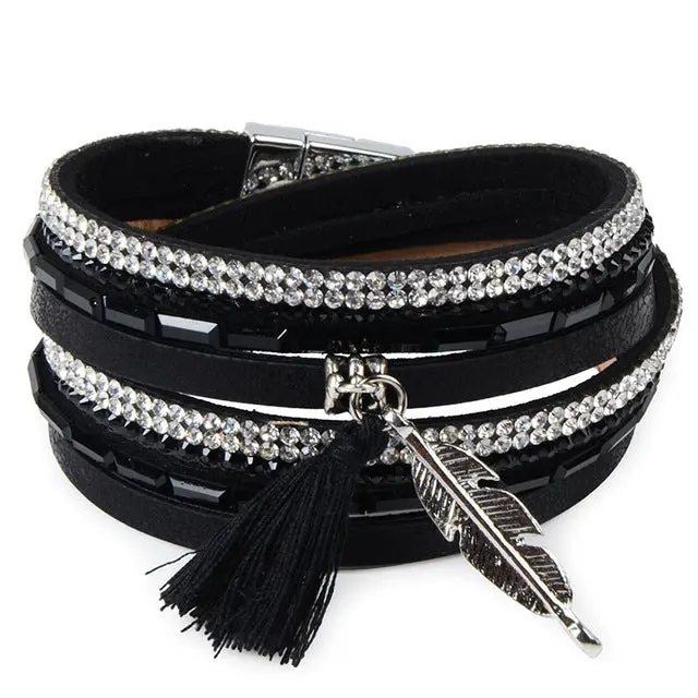 13Styles Candy Wide Crystal Leather Velvet Boho Bracelet Magnetic Buckle Bohemian Tassel Bracelet For Women Men Boho Jewelry 4