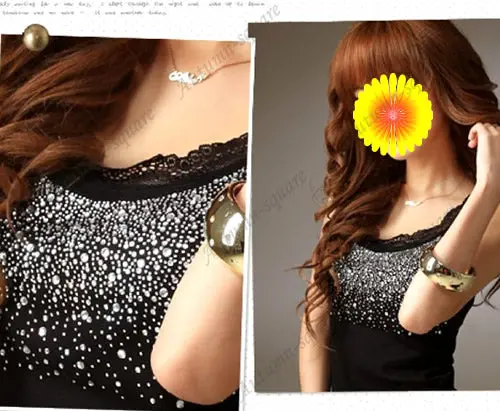 Women Sexy Rhinestone Lace Stunning Based Sleeveless Vest Tank Top Tee T-Shirt Black White Gray Camisole Cami Shirt Slim 2