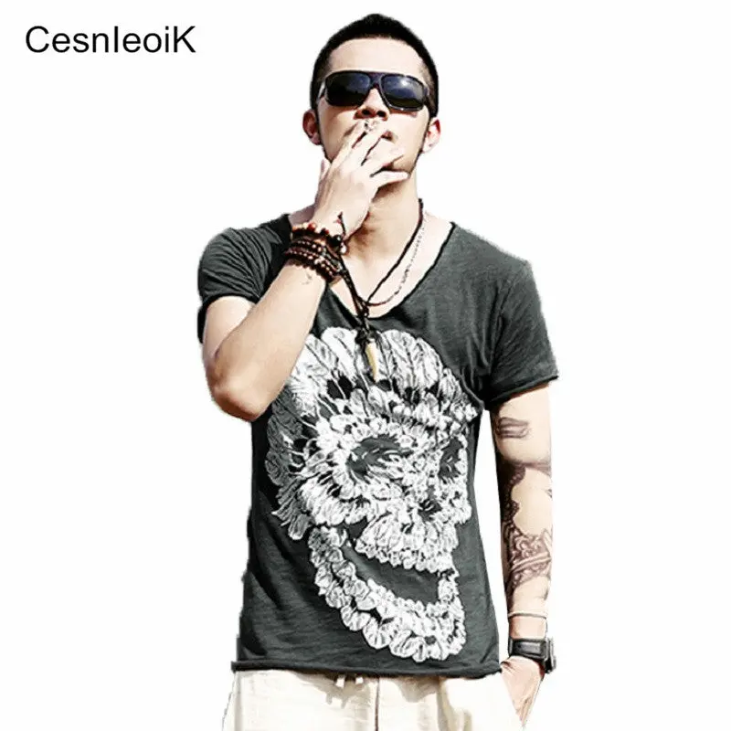 Mens Deep V Neck T Shirt Summer Green Cotton Mens Skull Print Thin Slim V Neck T-Shirt Plus Size M-Xxl #T99 1
