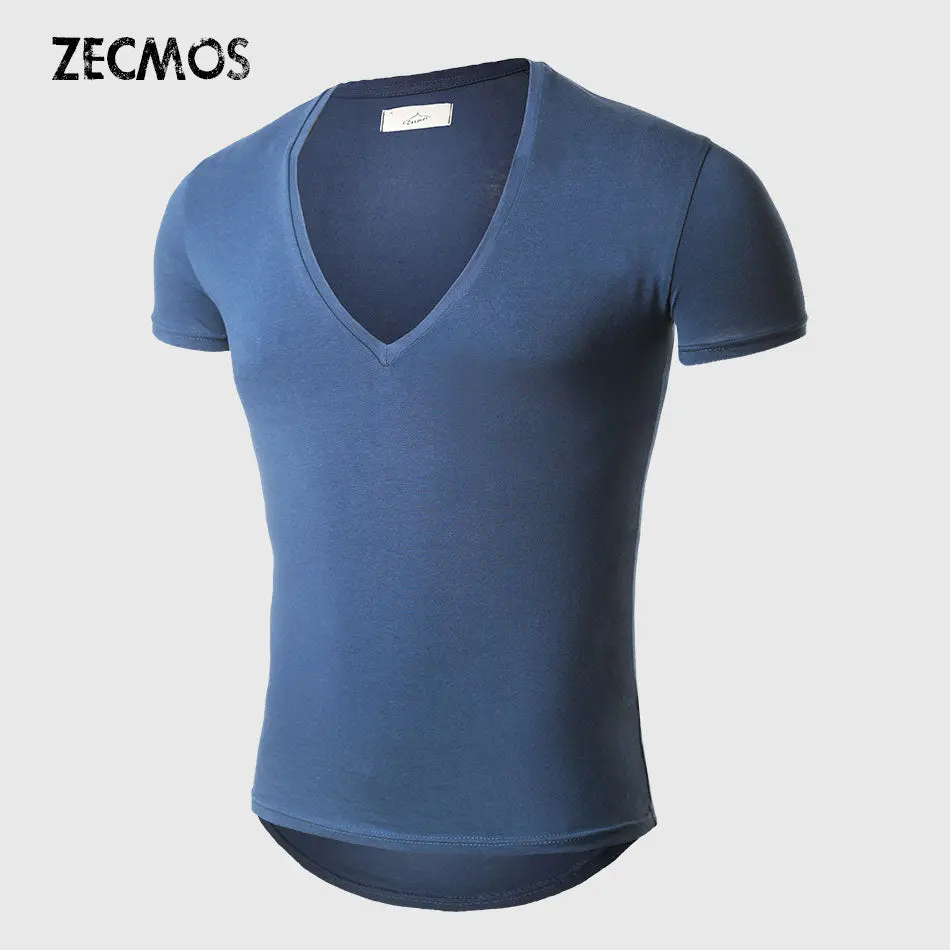 21 Colors Deep V Neck T-Shirt Men Fashion Compression Short Sleeve T Shirt Male Muscle Fitness Tight Summer Top Tees 1