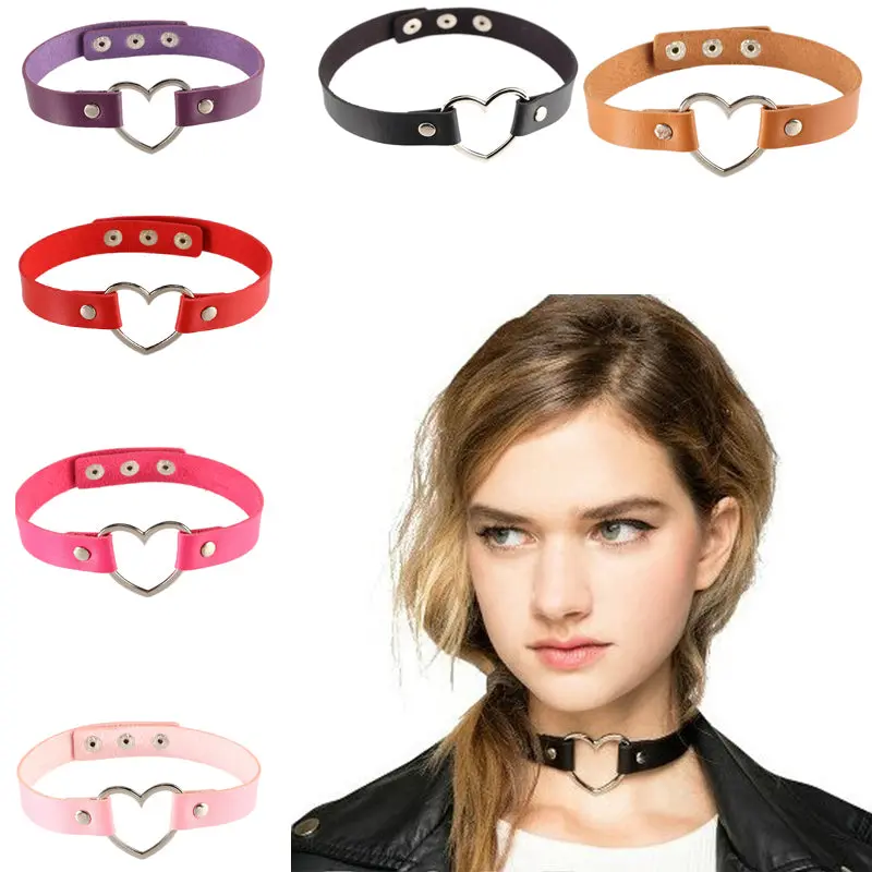 Women Lady Punk Goth Harajuku Grunge Leather Rivet Heart Collar Choker Statement Necklace Jewelry 14 Color 1