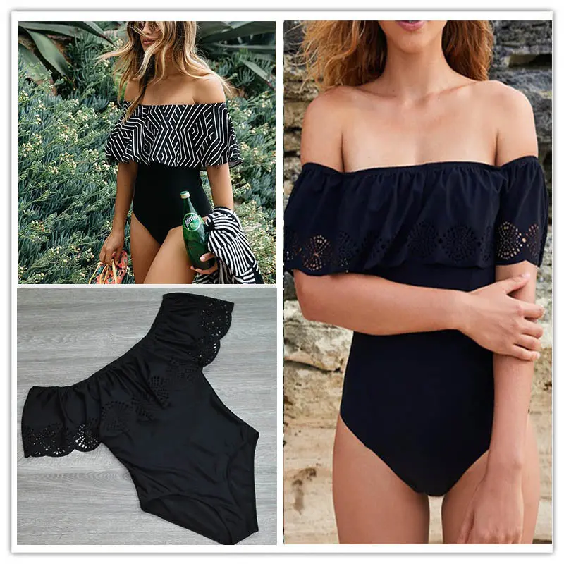 2017 New Sexy Off The Shoulder Solid Swimwear Women One Piece Swimsuit Female Bathing Suit Ruffle Monokini Swim Wear Xl 1