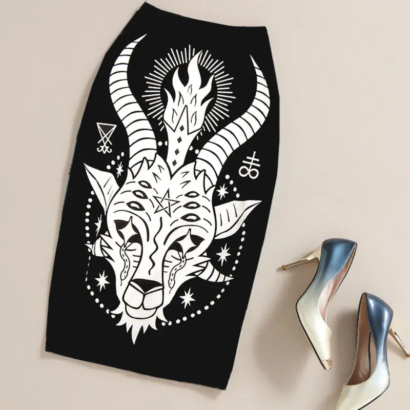 Summer Black Gothic Rock Punk Print Pencil Skirt Clothing Vintage Baphomet Goat Of Mendes Ladies High Waist Midi Bodycon Skirts 1