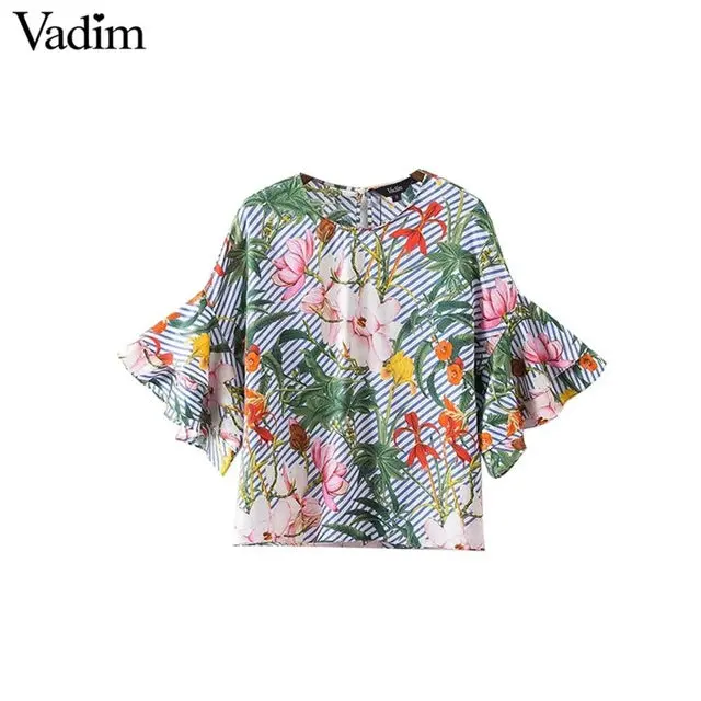Vadim Women Sweet Ruffles Loose Floral Shirts Short Sleeve O Neck Blouse European Style Flower Print Tops Blusas Dt1052 2