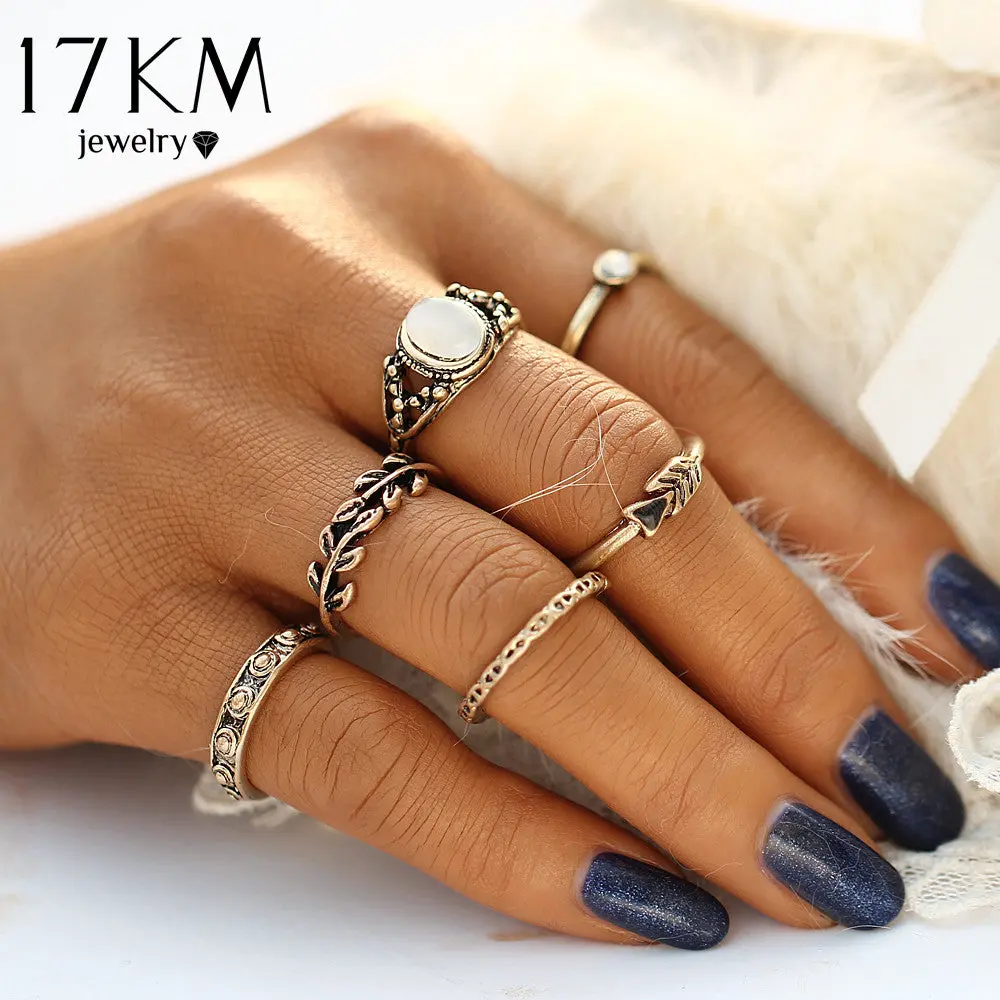 17Km Retro Style Vintage Leaf Boho Jewelry Unique Carving Tibetan Gold Color Rings For Woman 6Pcs/Set Punk Opal Ring Sets 1