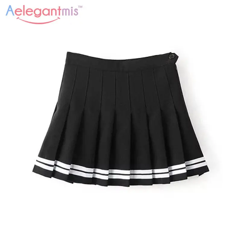 Aelegantmis Sweet Pleated Skirt Women Preppy Style Mini High Waist Skirt Girls Vintage Black White Cute School Uniforms Skirts 1