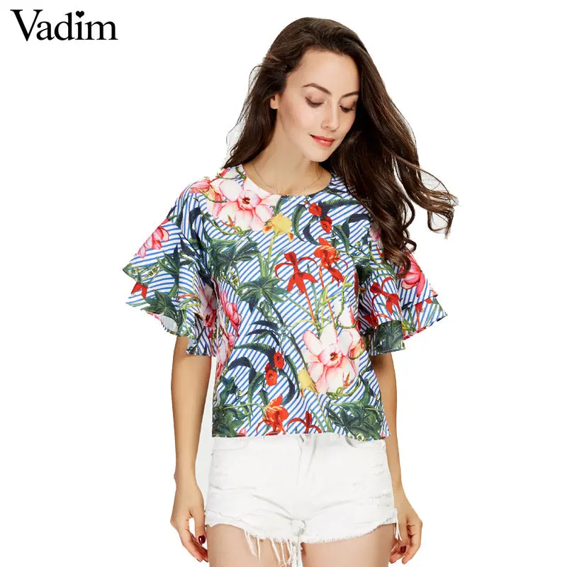 Vadim Women Sweet Ruffles Loose Floral Shirts Short Sleeve O Neck Blouse European Style Flower Print Tops Blusas Dt1052 1