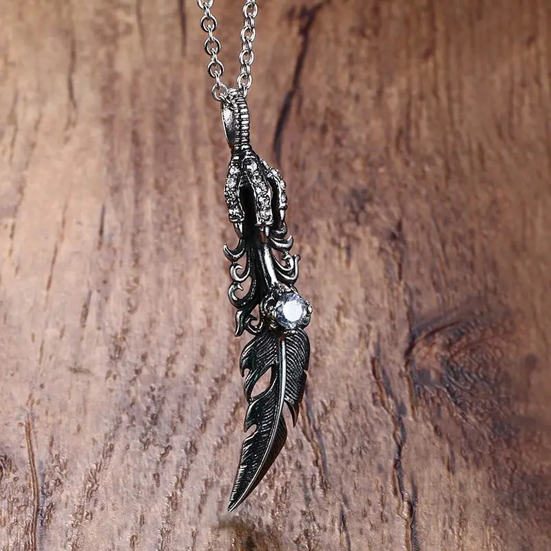 Mens Vintage Necklaces Gothic Dragon Claw Feather Cz Stainless Steel Pendant Necklace Men Bike Hiphop Jewelry Accessorien 1