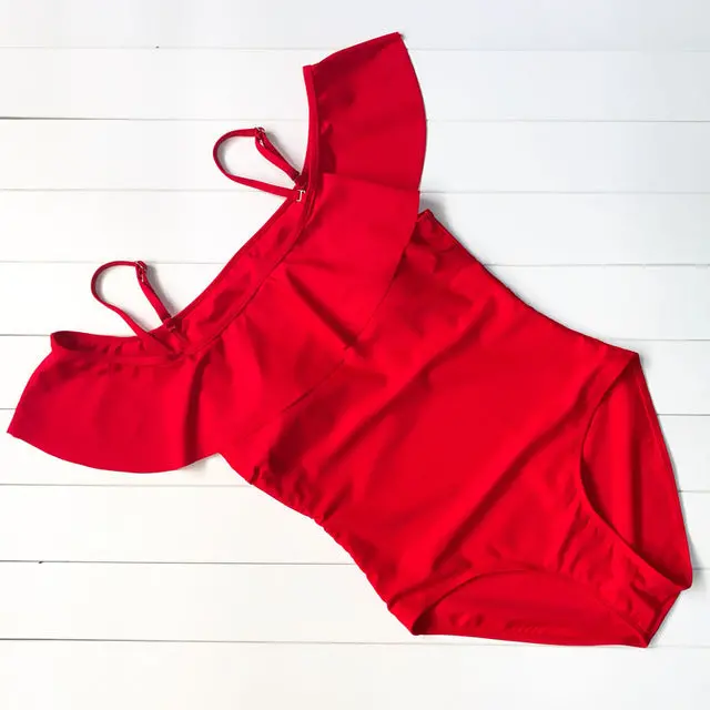 2017 New Sexy Off The Shoulder Solid Swimwear Women One Piece Swimsuit Female Bathing Suit Ruffle Monokini Swim Wear Xl 13