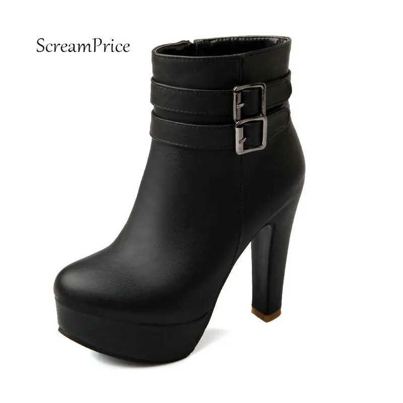 Womens Faux Leather Comfortable Ankle Boots Platform High Heel Booties For Women Fashion Buckle Winter Dress Shoes Black White 1
