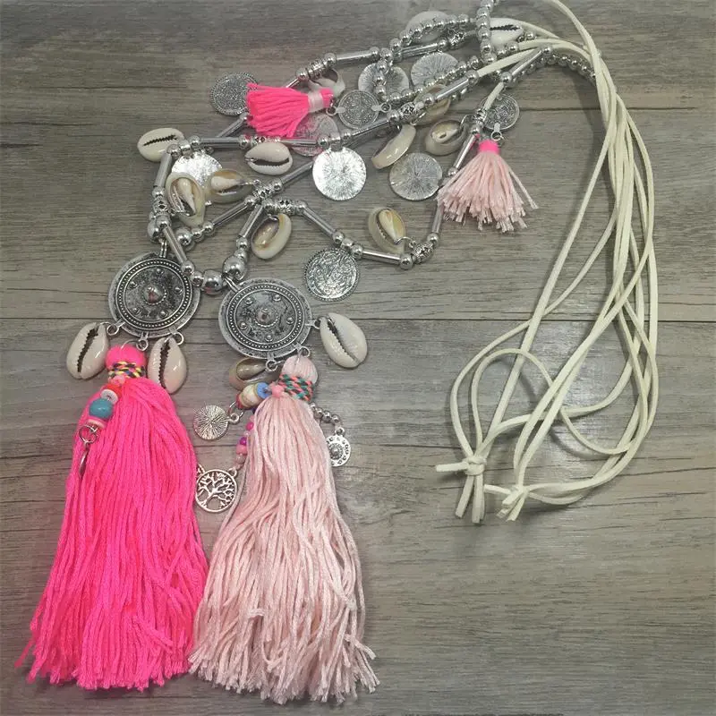 2017 Double Layer Bohemian Long String Chain Necklace Shell Bead Alloy Tassel Pendants Necklace For Women Boho Jewelry 1