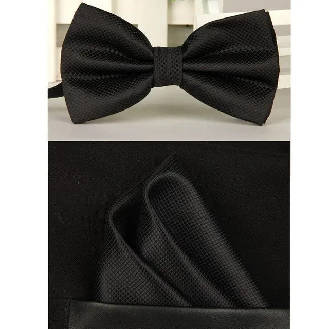 Shennaiwei Silk Solid Business Bowtie Men Vintage Purple Black Yellow Silver Wedding Bow Tie Pocket Square Handkerchief Set Lote 1