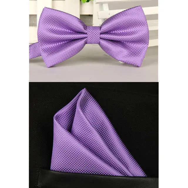 Shennaiwei Silk Solid Business Bowtie Men Vintage Purple Black Yellow Silver Wedding Bow Tie Pocket Square Handkerchief Set Lote 5