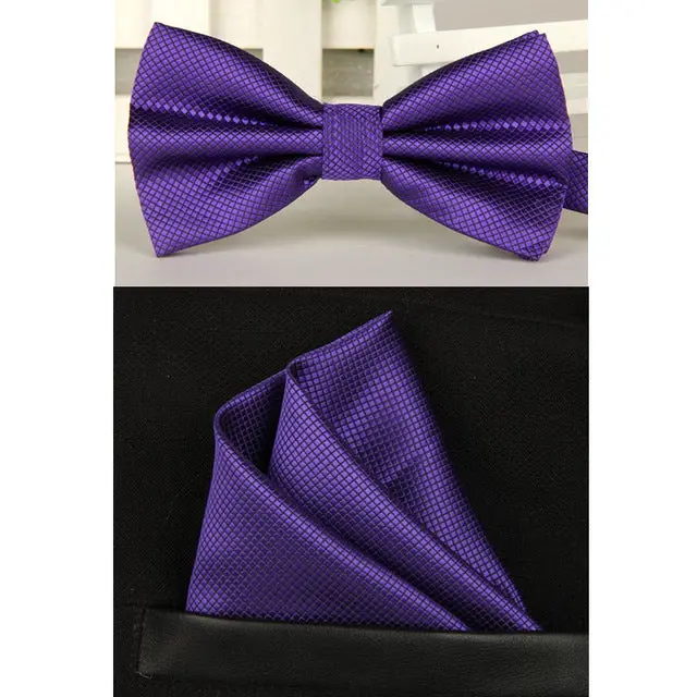 Shennaiwei Silk Solid Business Bowtie Men Vintage Purple Black Yellow Silver Wedding Bow Tie Pocket Square Handkerchief Set Lote 4