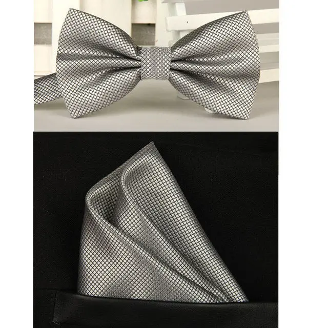 Shennaiwei Silk Solid Business Bowtie Men Vintage Purple Black Yellow Silver Wedding Bow Tie Pocket Square Handkerchief Set Lote 17