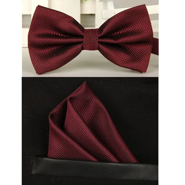 Shennaiwei Silk Solid Business Bowtie Men Vintage Purple Black Yellow Silver Wedding Bow Tie Pocket Square Handkerchief Set Lote 12