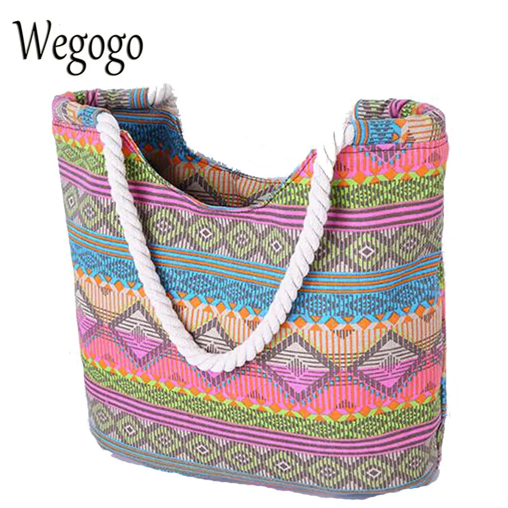 Wegogo Women Handbag Vintage Boho Colorful Canvas Bags Casual Travel Big Shoulder Bag Floral Printing Shopping Bag Beach Bags 1