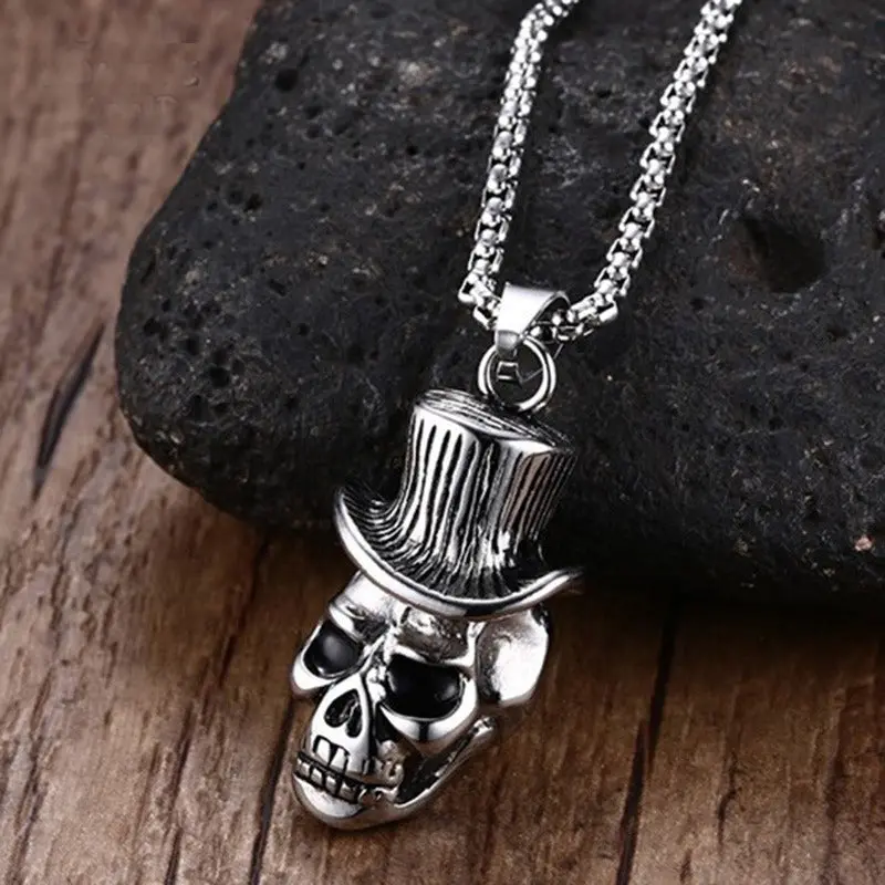 Men's Skull Wind Hat Gentleman Rock & Roll Cowboy Pendant Necklace Stainless Steel Vintage Punk Halloween Jewelry With 24Inch 1