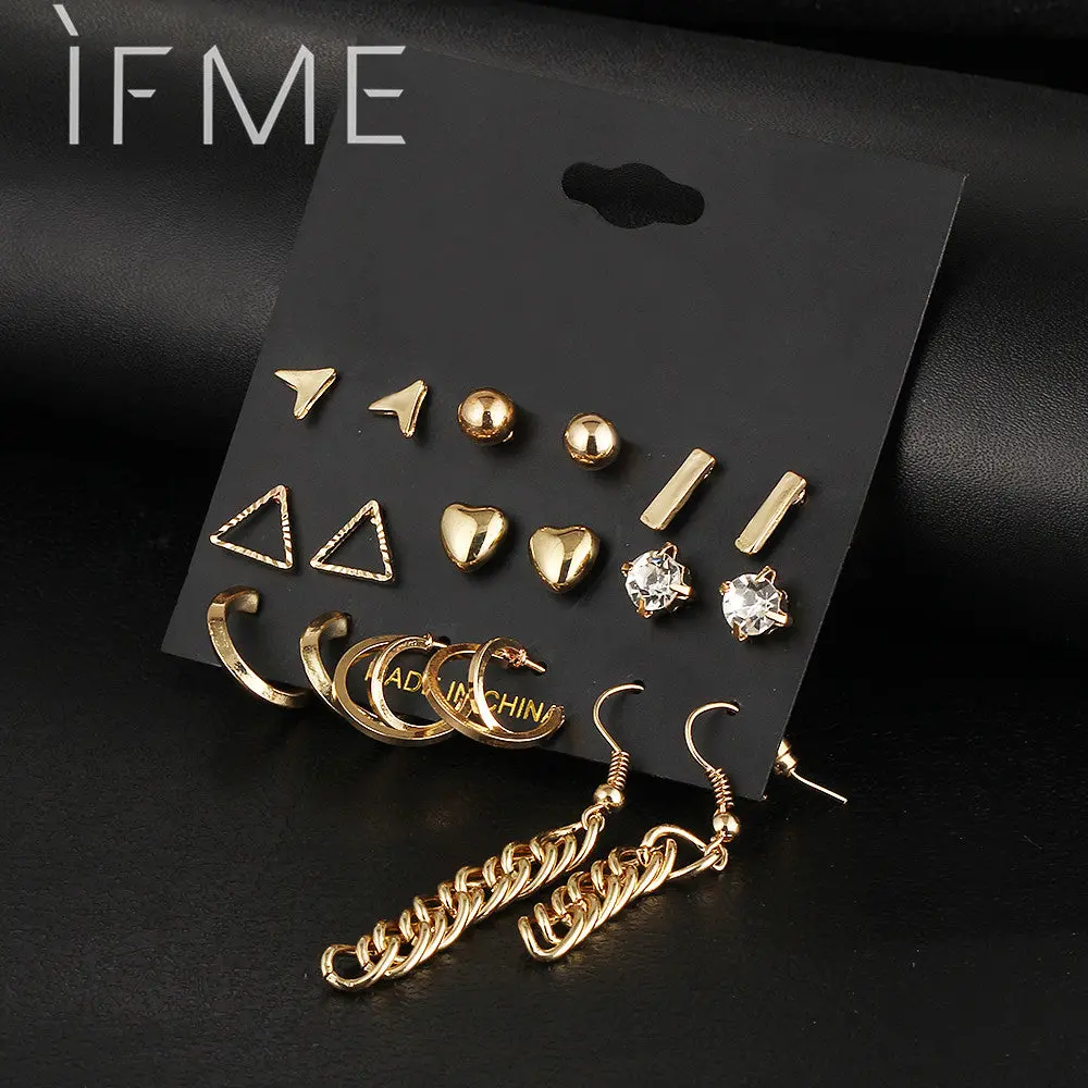 9 Pcs/Set Crystal Heart Gold Color Stud Earrings Tassel Triangle Vintage Silver Color Earring Set For Women Jewelry Oorbellen 1
