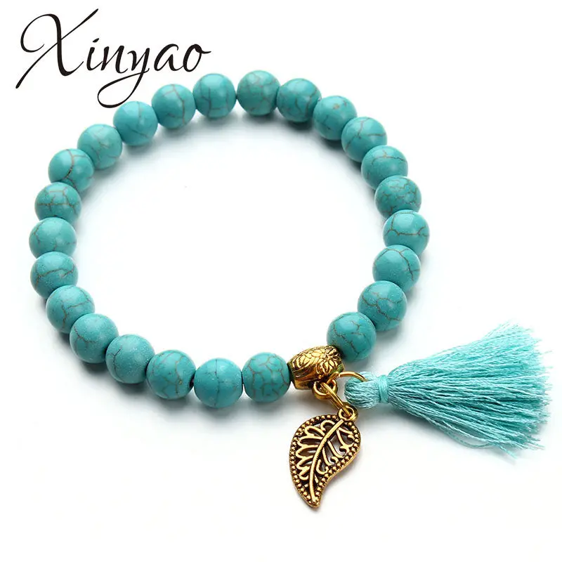 2017 Boho Natural Stone Turquoises Beads Bracelet Gold Color Leaf Tassel Charm Bracelets Bangle For Women Pulseras Mujer F2833 1